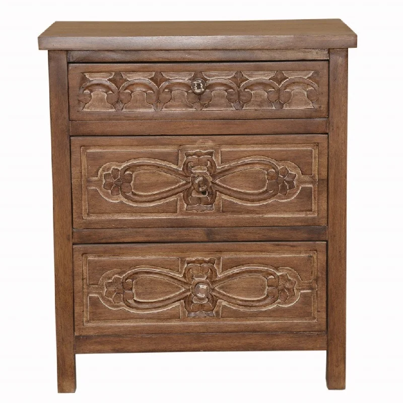 Artisanal Handcarved Natural Wood Three Drawer Nightstand