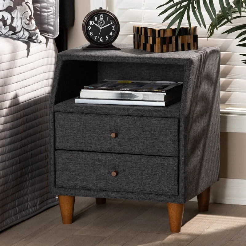 Claverie Mid-Century Modern Charcoal Fabric Upholstered 2-Drawer Wood Nightstand