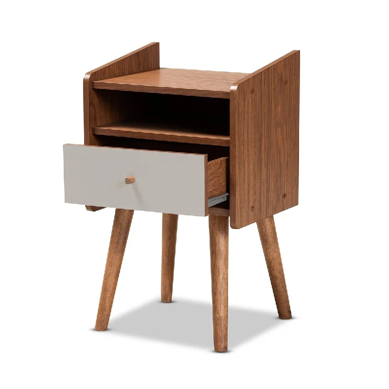 Elario Mid-Century Modern Two-Tone Grey and Walnut Brown Finished Wood 1-Drawer Nightstand