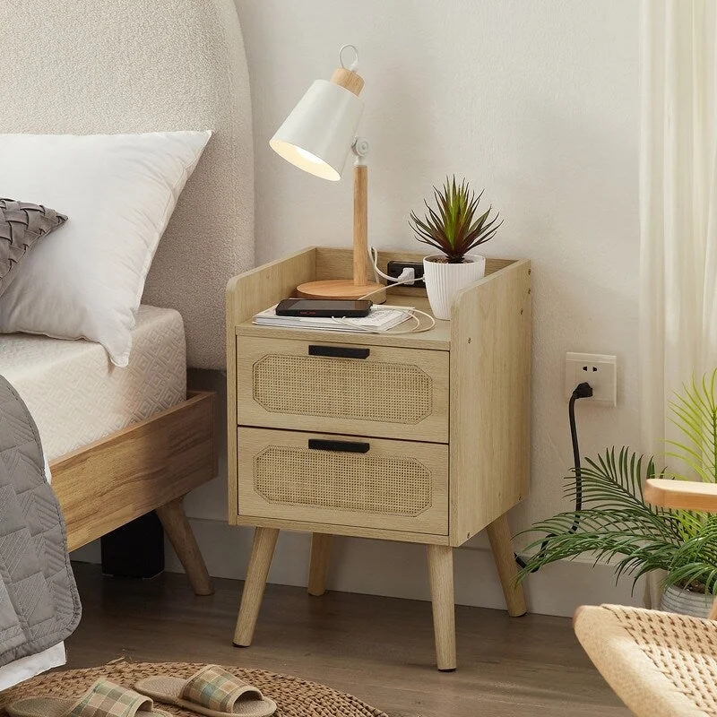 Grondin Mid-Century Modern 2-Drawer Nightstand with Natural Rattan Drawer Front and Solid Wood Legs