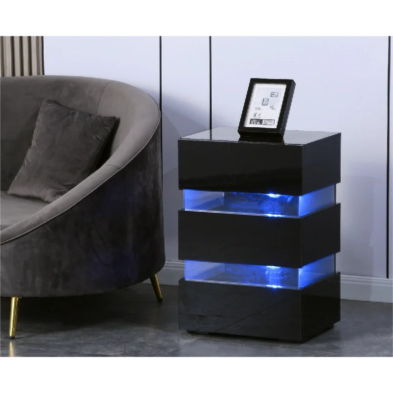 High Gloss LED Side Table, Modern Nightstands with Drawers