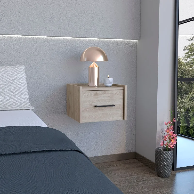 Light Gray Modern Floating Nightstand, Space-Saving Design with Convenient Drawer and Black pull Handle