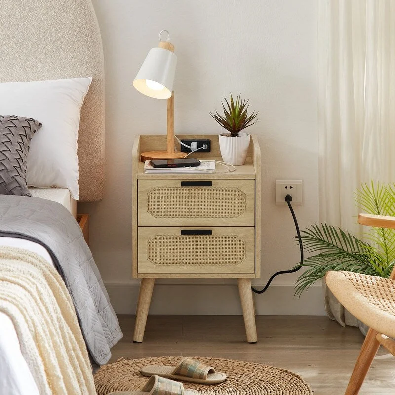 Mid-Century Modern 2-Drawer Nightstand with with Charging Station and Natural Rattan Drawer, Solid Wood End Side Table