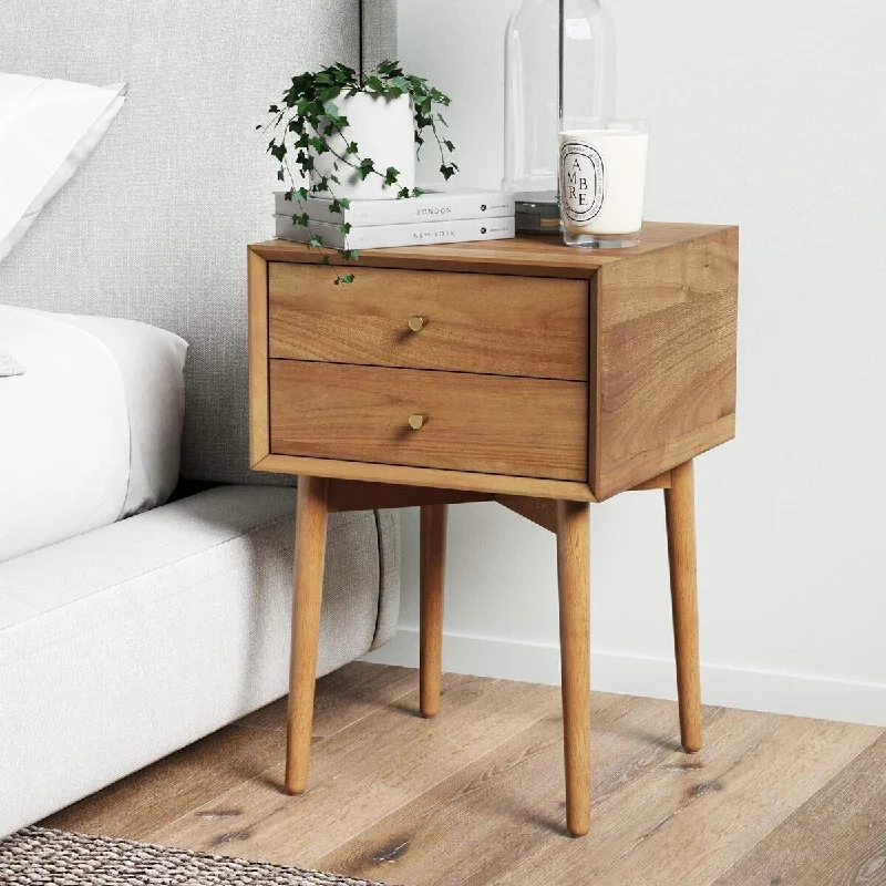 Mid-Century Oak Wood Nightstand with 2-Drawers