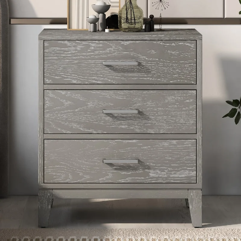 Modern Concise Style Gray Wood Grain Three-Drawer Nightstand with Tapered Legs and Smooth Gliding Drawers