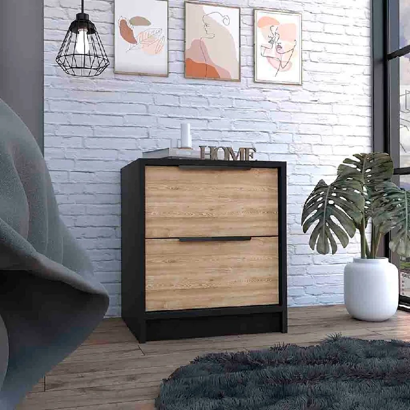 Modern Nightstand 19" H, Two Drawers, Black / Pine