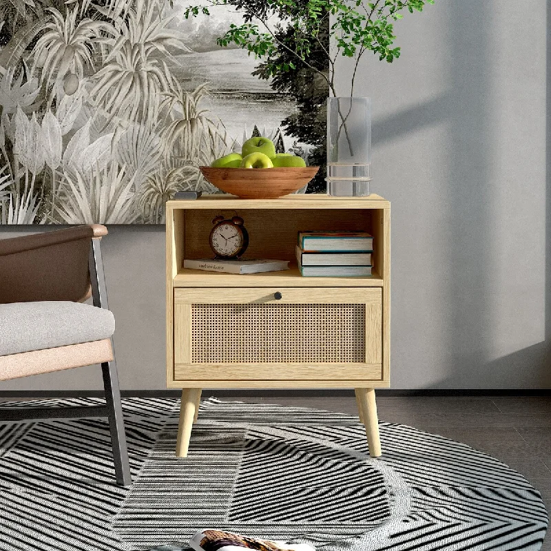 Modern Nightstand Rattan Side Table with Storage