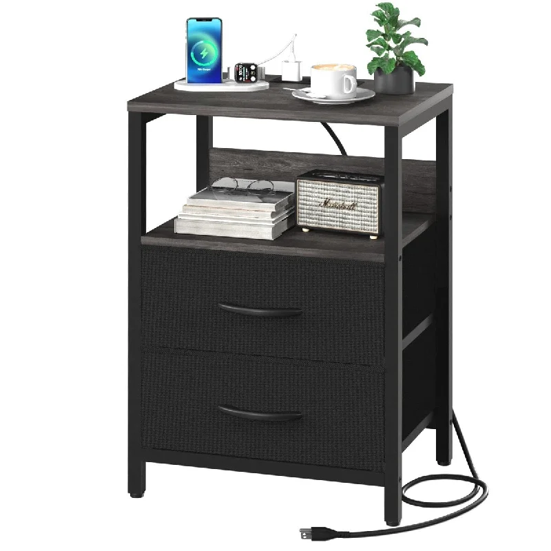 Nightstand with Charging Station,Small Night Stand with Fabric Drawers & Storage Shelf,Small Spaces with USB Ports & Outlets