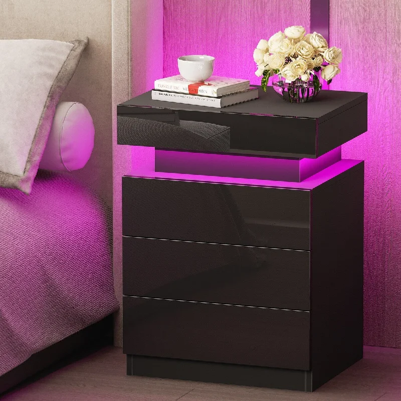 Nightstand with LED Lights, 3 Drawers and 1 Flapping Top Storage Box, Black