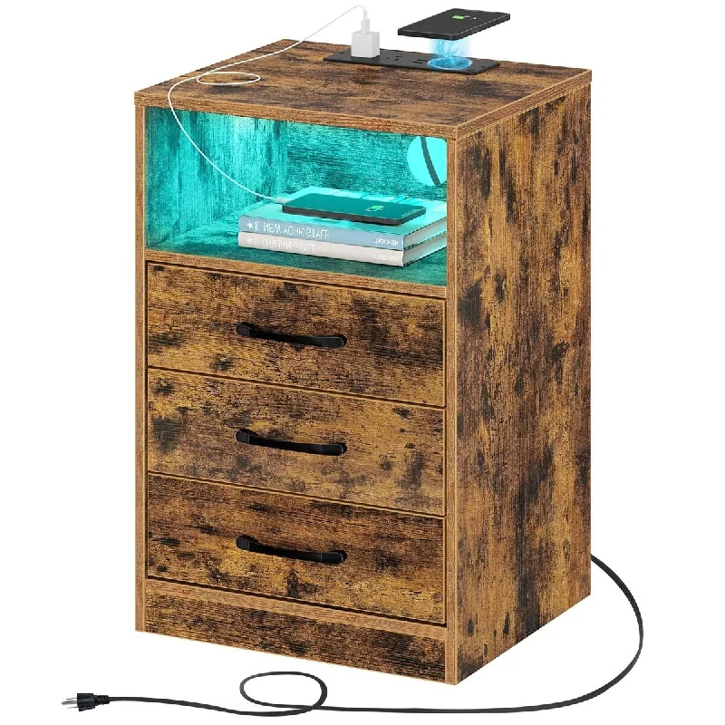 Nightstand with Wireless Charging Station and LED Lights, Rustic End Side Table with 3 Drawers and Open Compartment