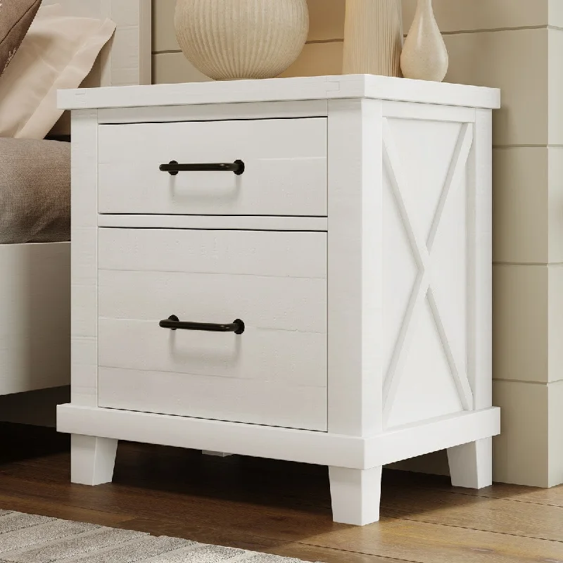 Rustic Farmhouse Style Solid Pine Wood Whitewash Two-Drawer Nightstand Easy Pull Handle for Closet,Living Room