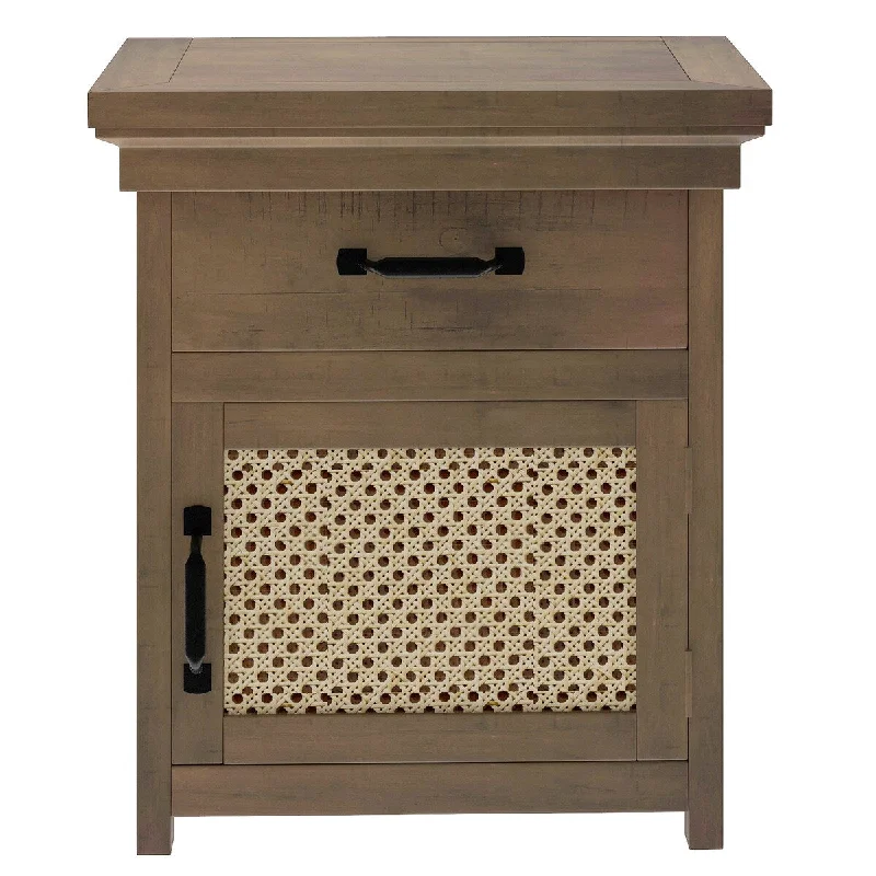 Rustic Nightstand with Drawer and Rattan Design Cabinet,