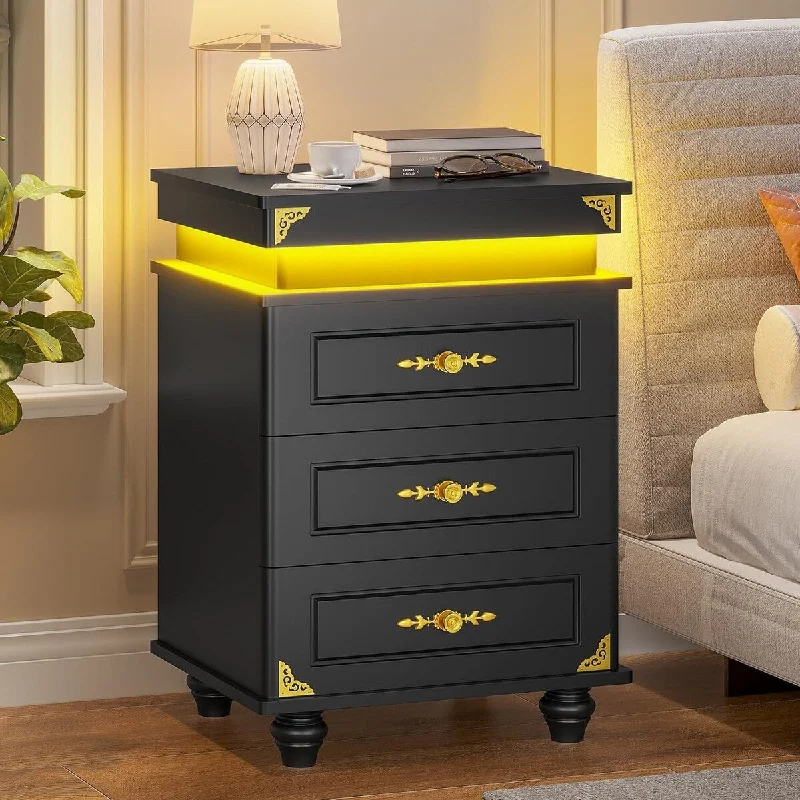 Sliding Top Nightstand Charging Station LED Lights 3 Drawers