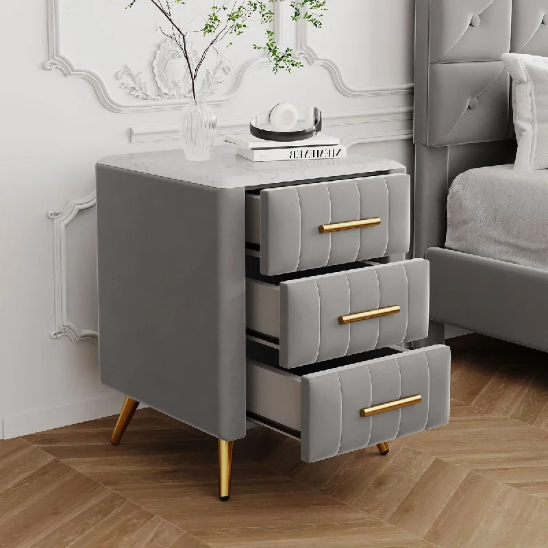 Upholstered Wooden Nightstand with 3 Drawers and Metal Legs Handles