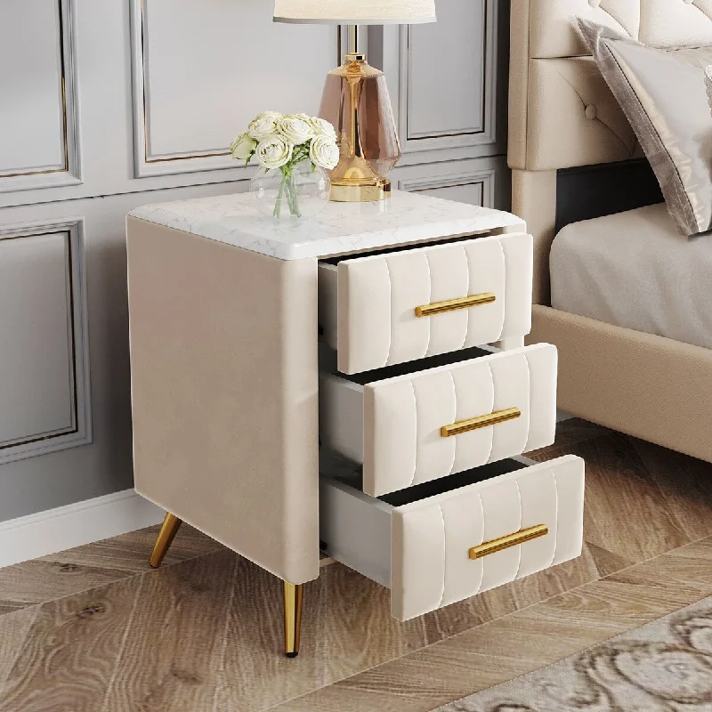 Upholstered Wooden Nightstand with 3 Drawers and Metal Legs&Handles,Fully Assembled Except Legs&Handles