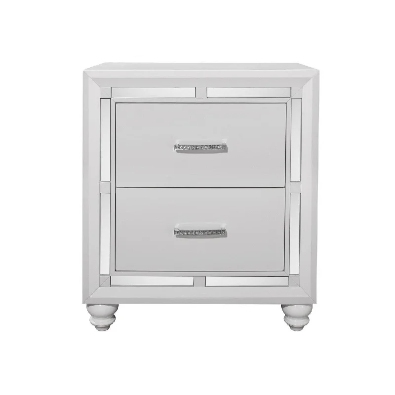 White Tone Nightstand with 2 Drawer Mirror Trim Accent