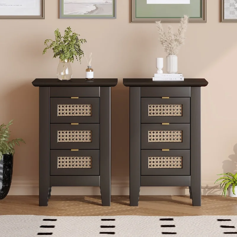 Wooden Nightstands Set of 2 with Rattan-Woven Surfaces and Three Drawers, Exquisite Elegance with Natural Storage Solutions