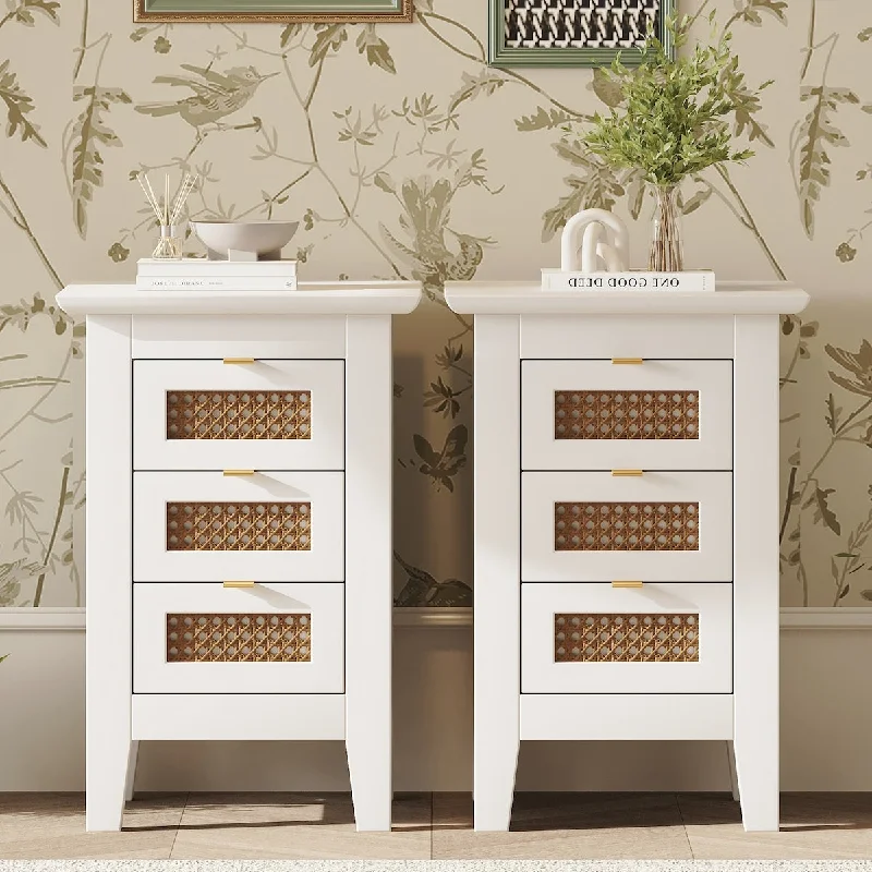 Wooden Nightstands Set of 2 with Rattan-Woven Surfaces and Three Drawers, Exquisite Elegance with Natural Storage Solutions